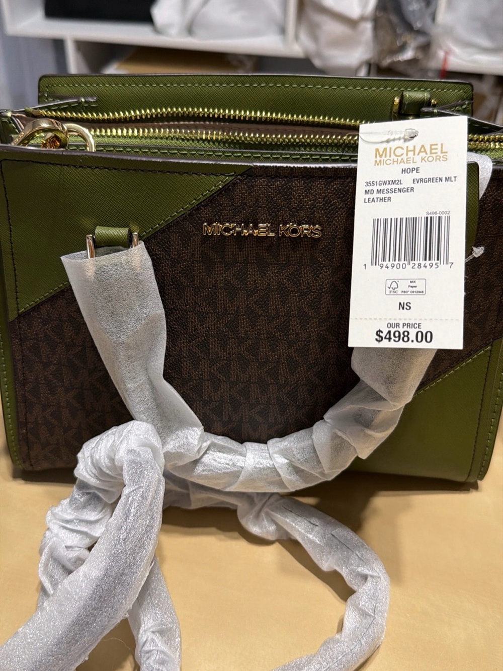 MICHAEL KORS Olive Green and Brown Logo Satchel